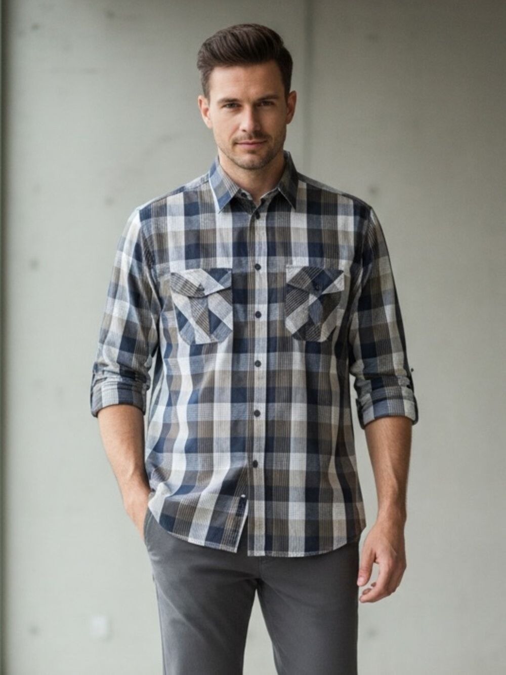 Airwalk Men's Large Plaid Button Down Shirt Blue Tan Long Sleeve Skater Grunge